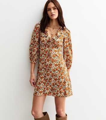 Cream Floral Print Ruff Collar Mini Dress