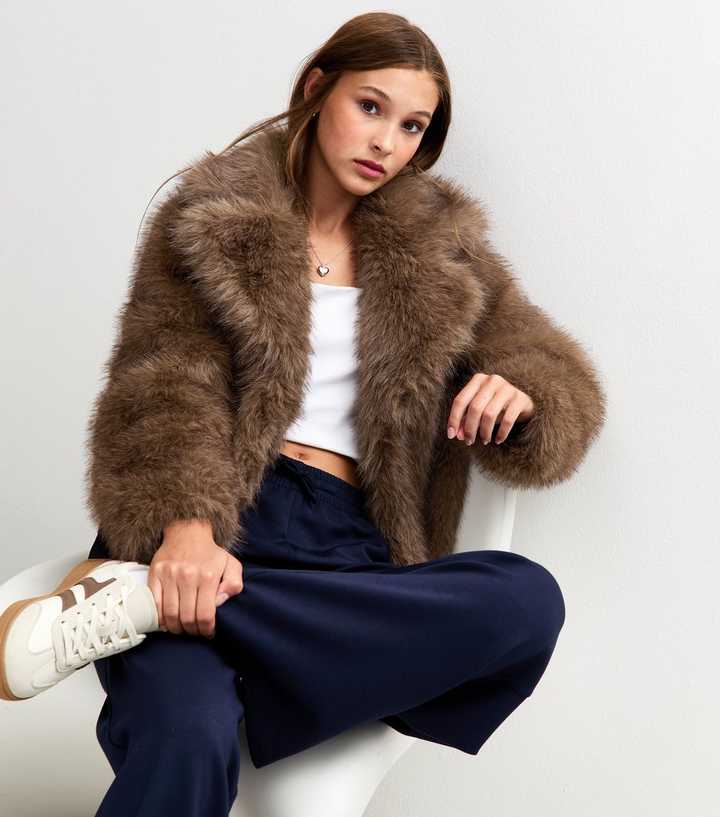 Girls Dark Brown Faux Fur Short Coat