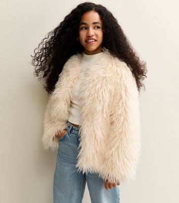 Girls White Shaggy Faux Fur Coat