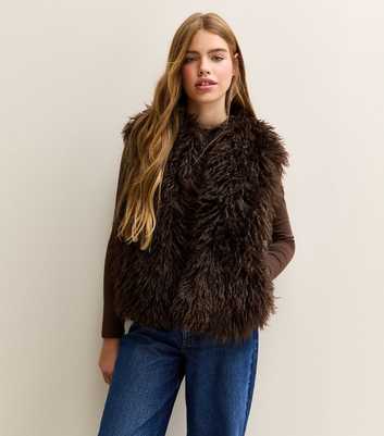 Girls Dark Brown Shaggy Faux Fur Gilet