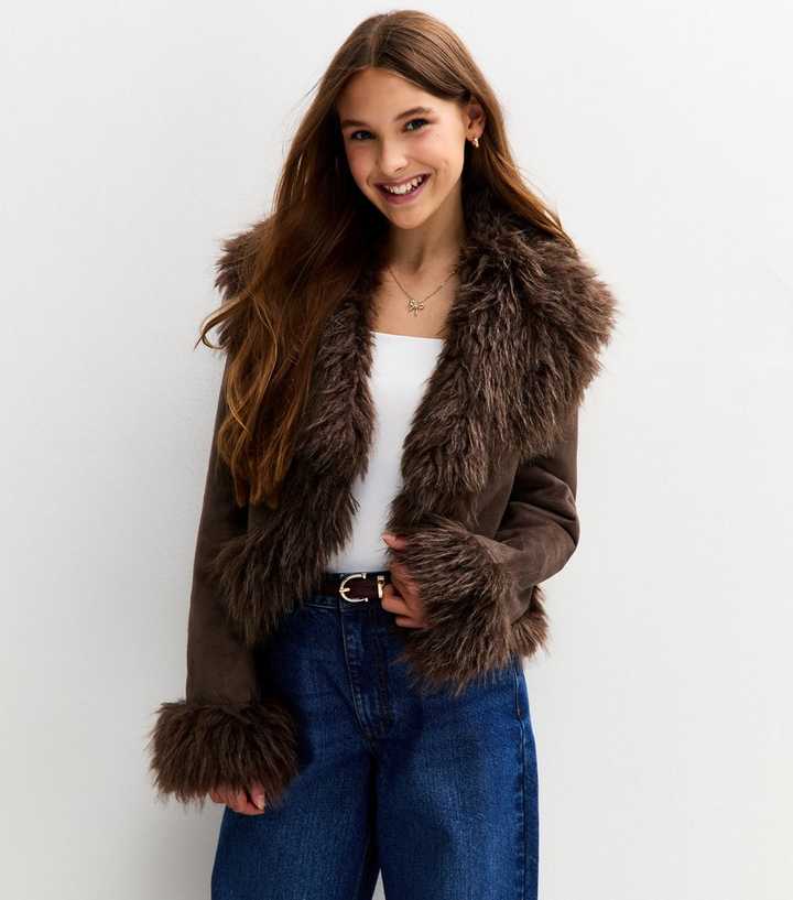 Girls Brown Faux Shearling Jacket