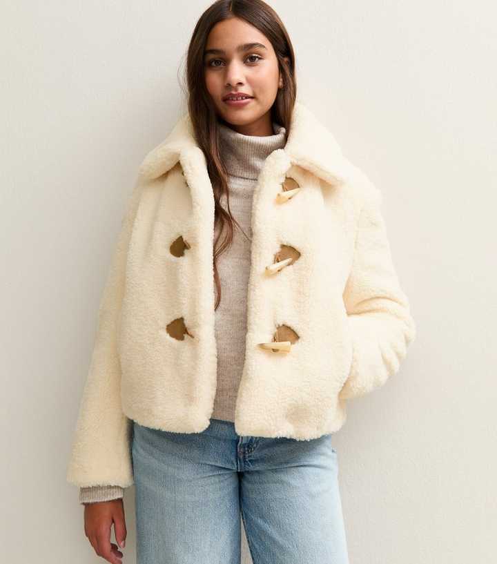 Girls Off White Faux Duffle Coat