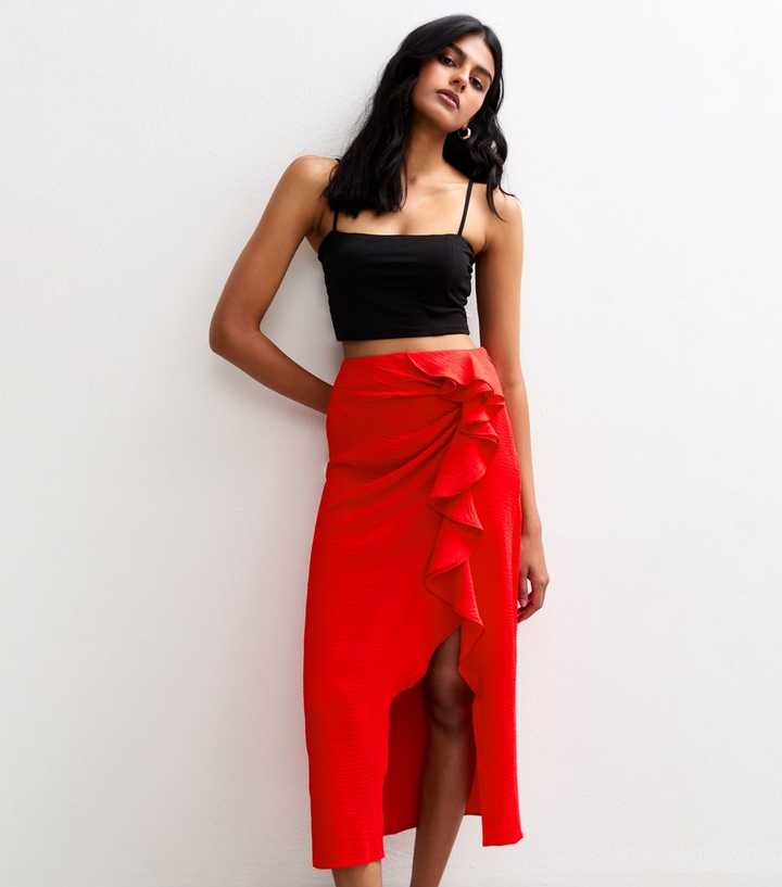 Red Ruffle Trim Hem Slit Midi Skirt New Look