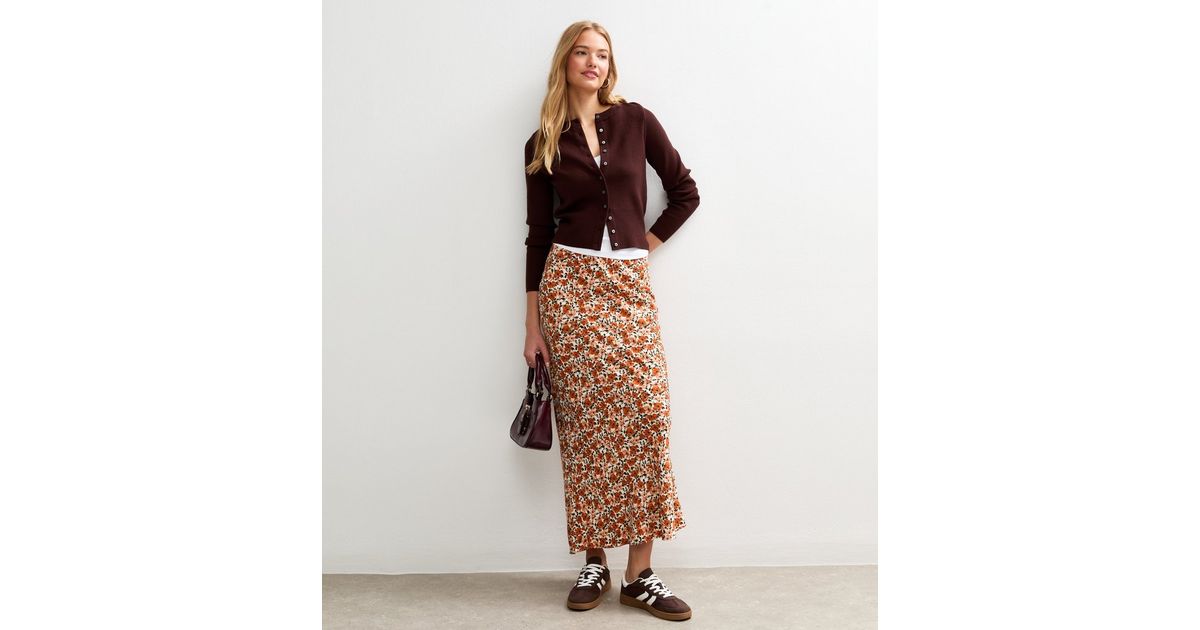 Orange Floral Print Bias Midi Skirt | New Look