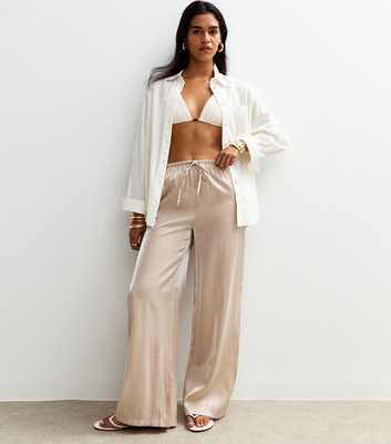 Cream Shimmer Satin Wide Leg Trousers