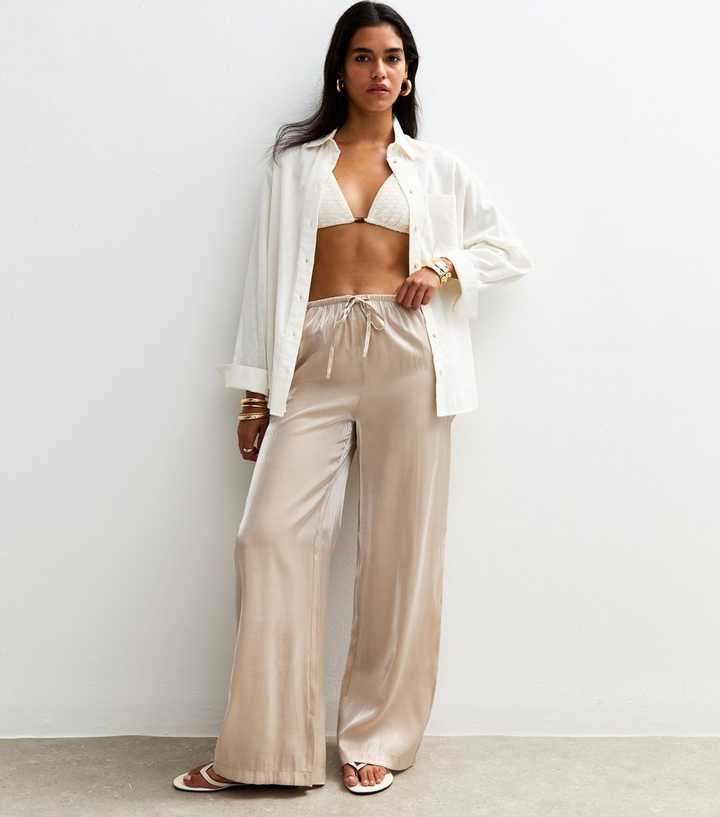 Cream Shimmer Satin Wide Leg Trousers