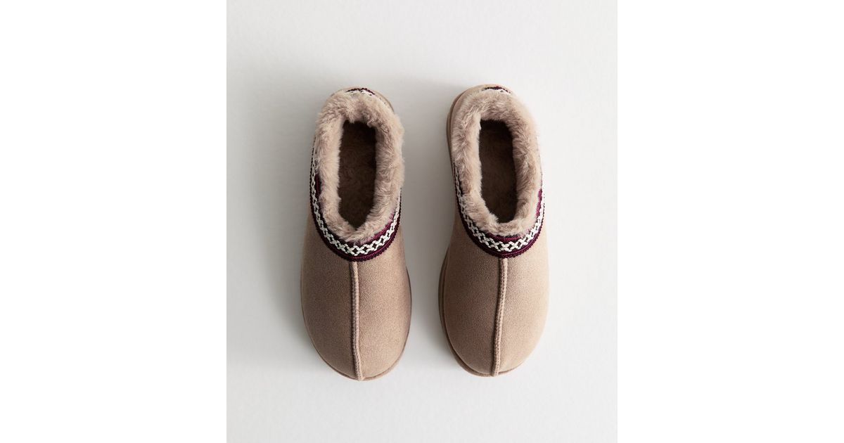 Oatmeal Faux Suede Cross Stitched Faux Fur Lined Slipper Boots