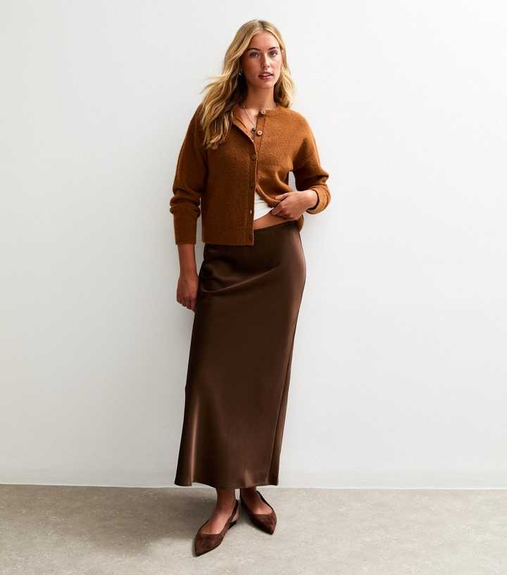 Tall Brown Bias Cut Satin Midi Skirt