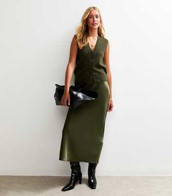Tall Khaki Bias Cut Satin Midi Skirt