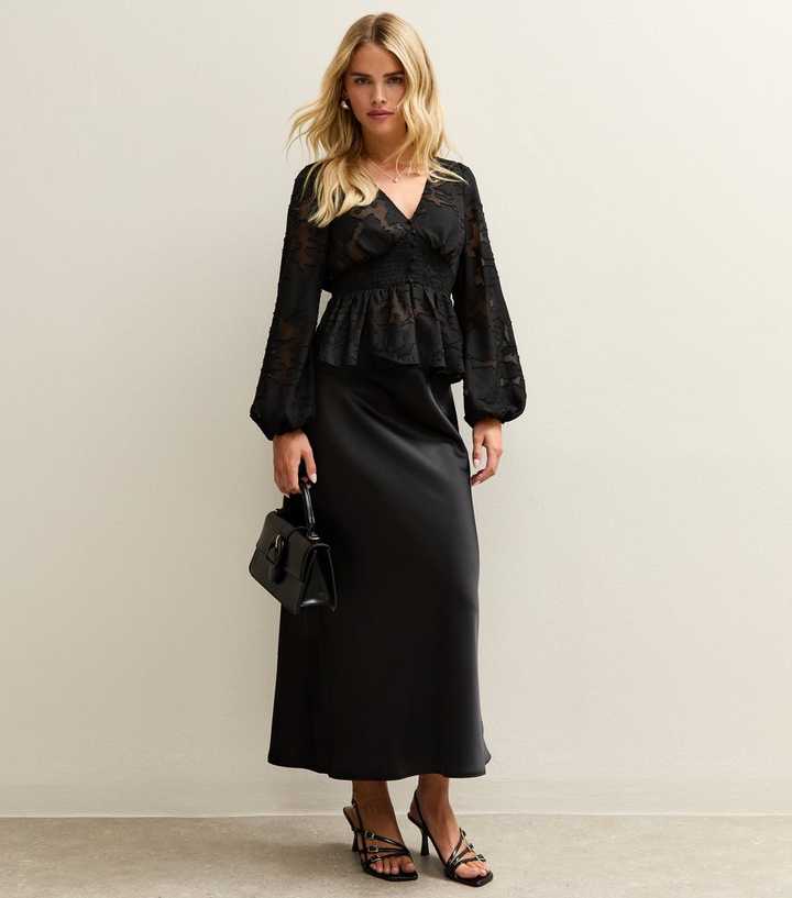 Petite Black Satin Midi Skirt