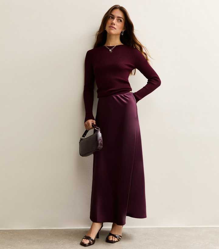 Petite Burgundy Satin Midi Skirt