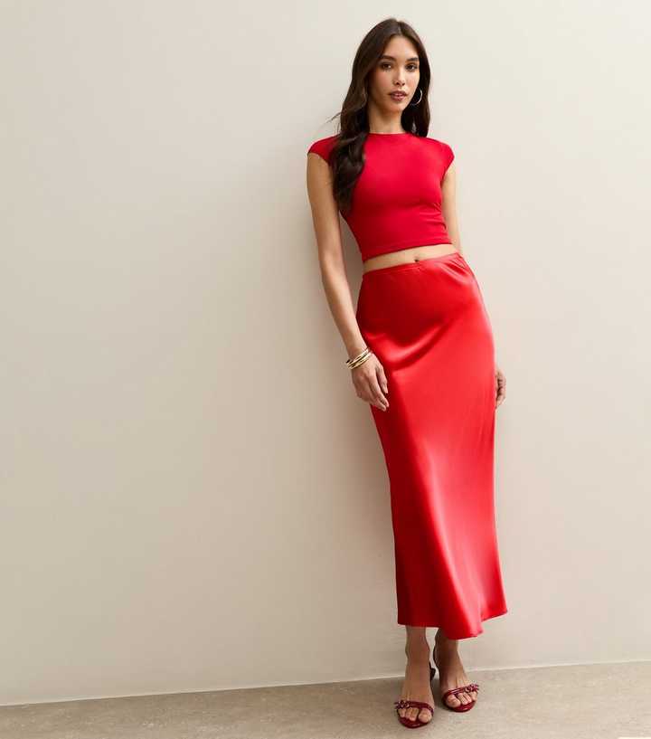 Bright Red Satin Bias Cut Midi Skirt | New Look