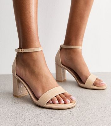 Wide Fit Off White Snake Effect Block Heel Sandals