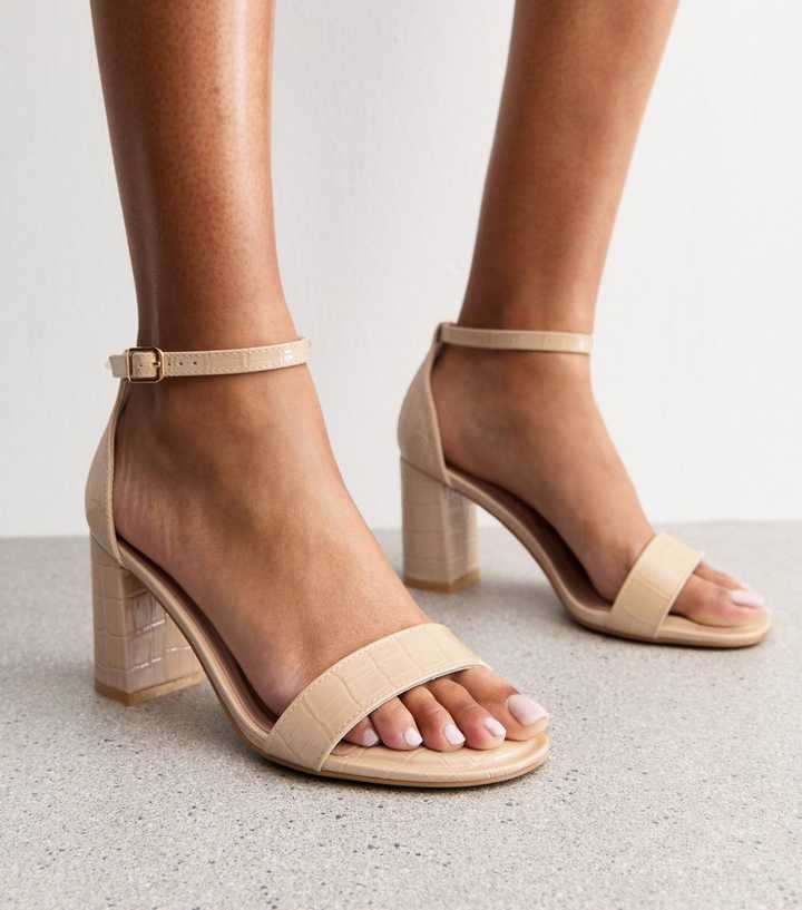 Wide Fit Off White Snake Effect Block Heel Sandals