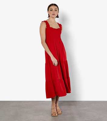 Apricot Red Slubbed Tiered Smock Midi Dress