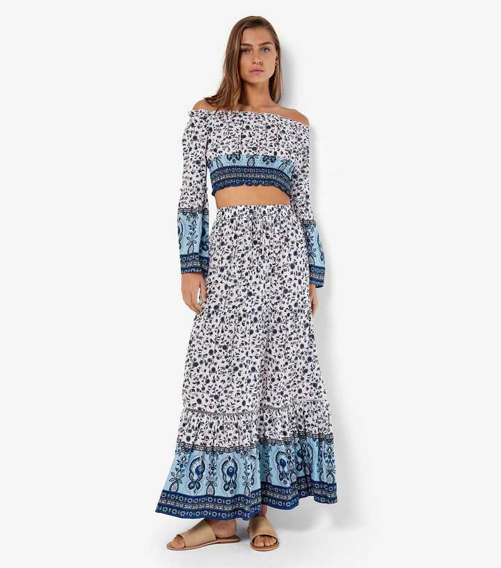 Apricot Blue Floral Print Tiered  Maxi Skirt