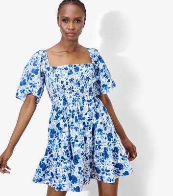 Apricot Blue Floral Print Smocked Mini Dress