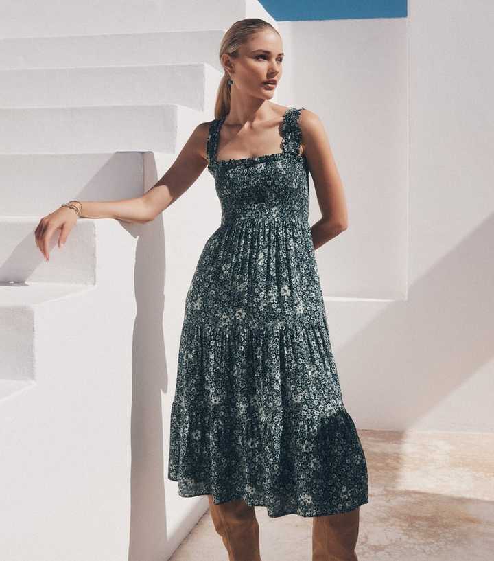 green emerald velvet dress 100% Cotton Ivory Green Floral Midi Dress - All Dresses