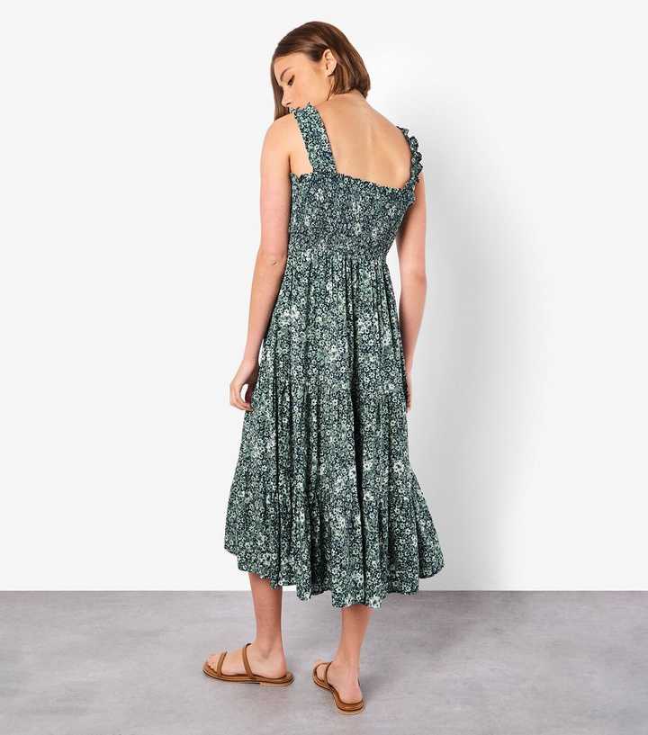 Apricot Green Floral Print Square Neck Midi Dress | New Look
