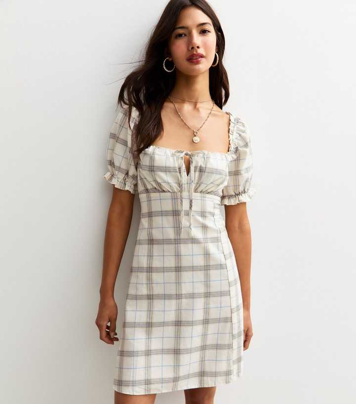 Cream Checked Milkmaid Mini Dress