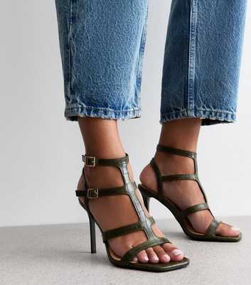 Dark Green Gladiator Strap Stiletto Heel Sandals