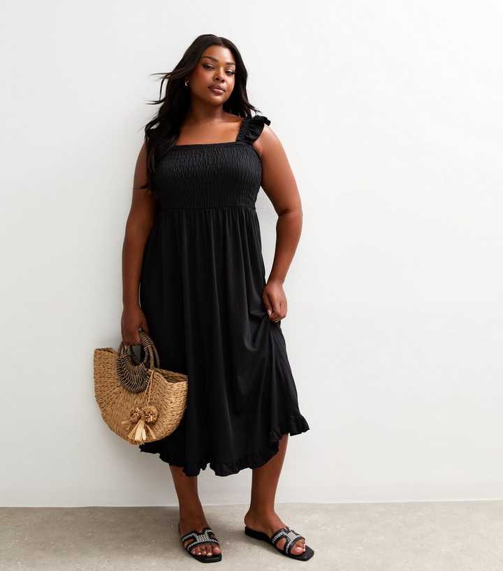 Curves Black Cotton Shirred Strappy Midi Dress | New Look