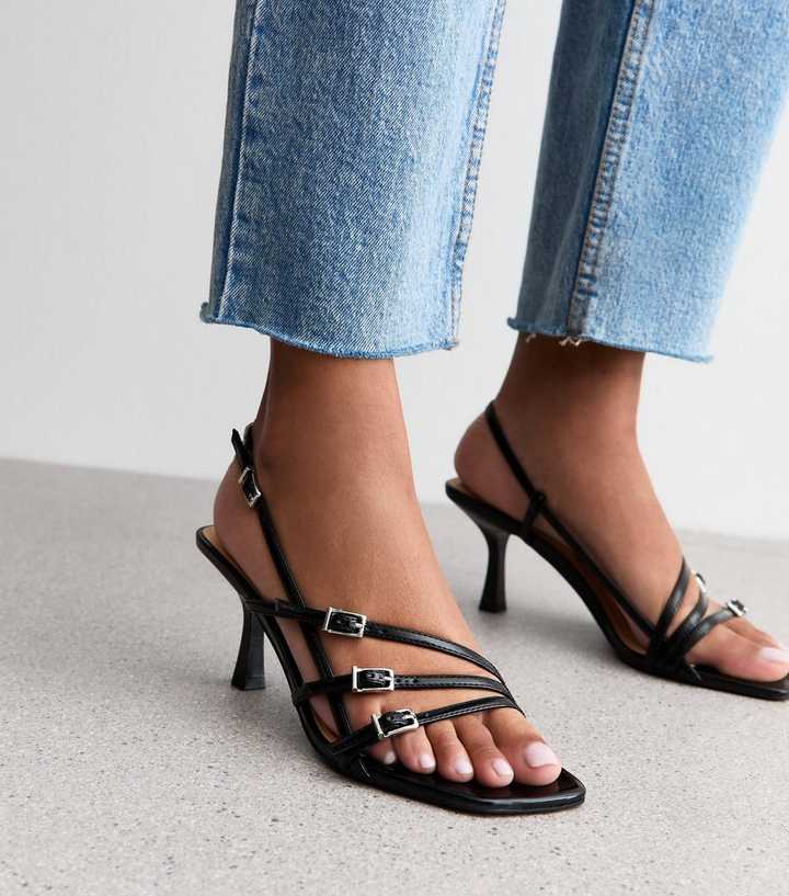 Black Asymmetric Strap Stiletto Heel Sandals