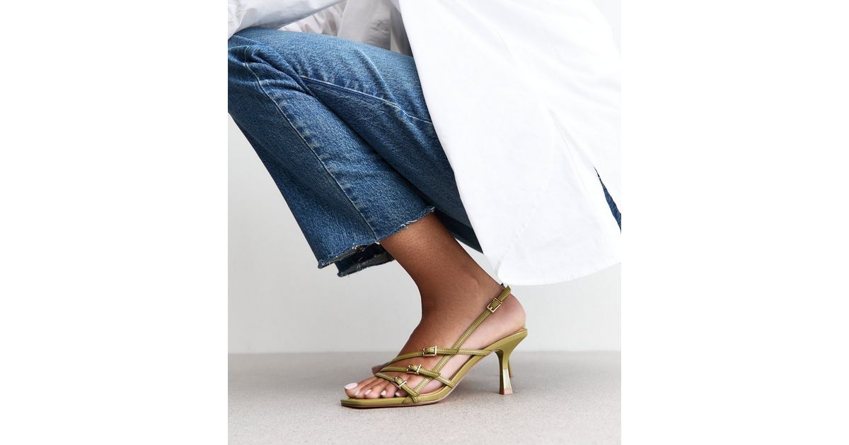 Khaki Asymmetric Strap Stiletto Heel Sandals New Look