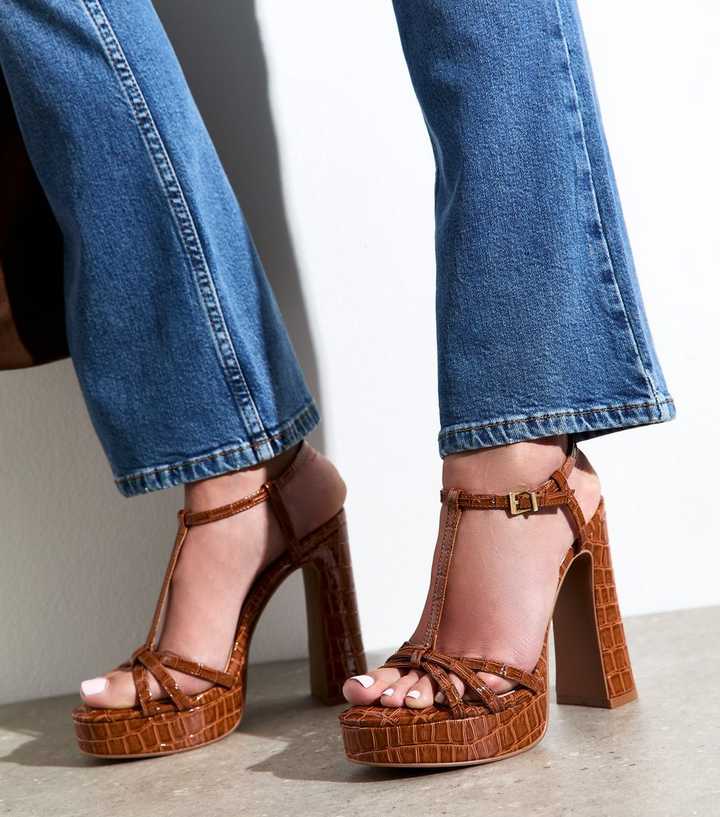 Rust Croc Effect Platform Sandals