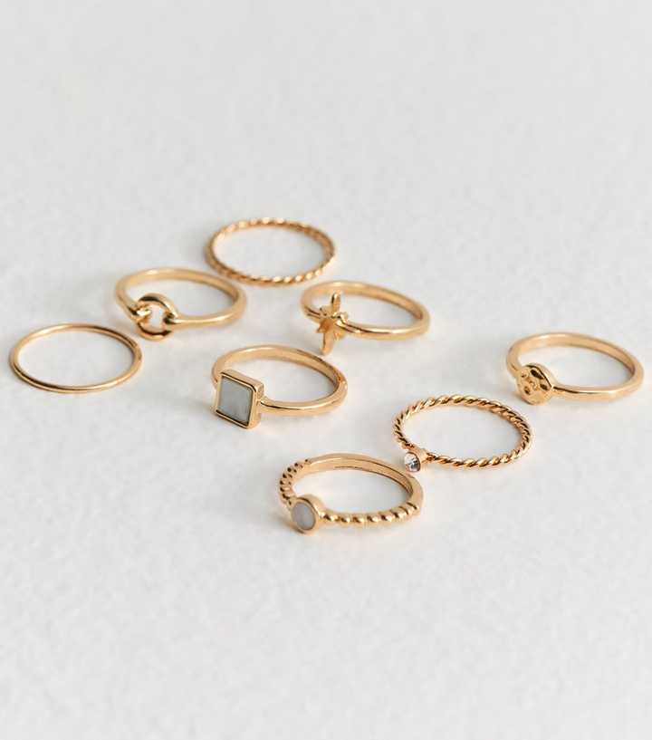 Gold Tone Pack of 8 Faux Stone Thin Rings