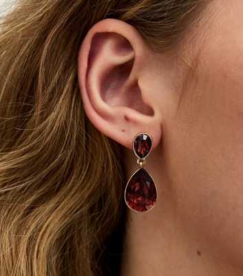 Gold Tone Burgundy Faux Stone Teardrop Stud Earrings