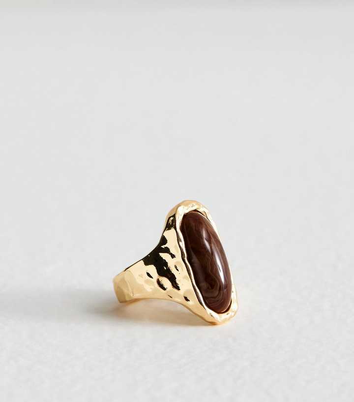 Gold Tone Textured Stone Embellished Ring
