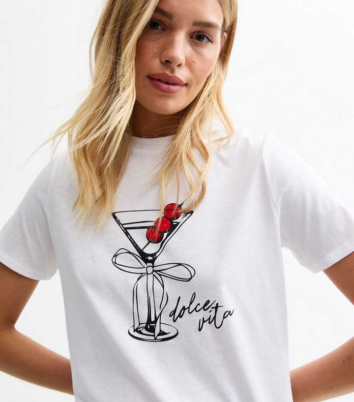 White Cherry Martini Print Relaxed Fit T-Shirt
