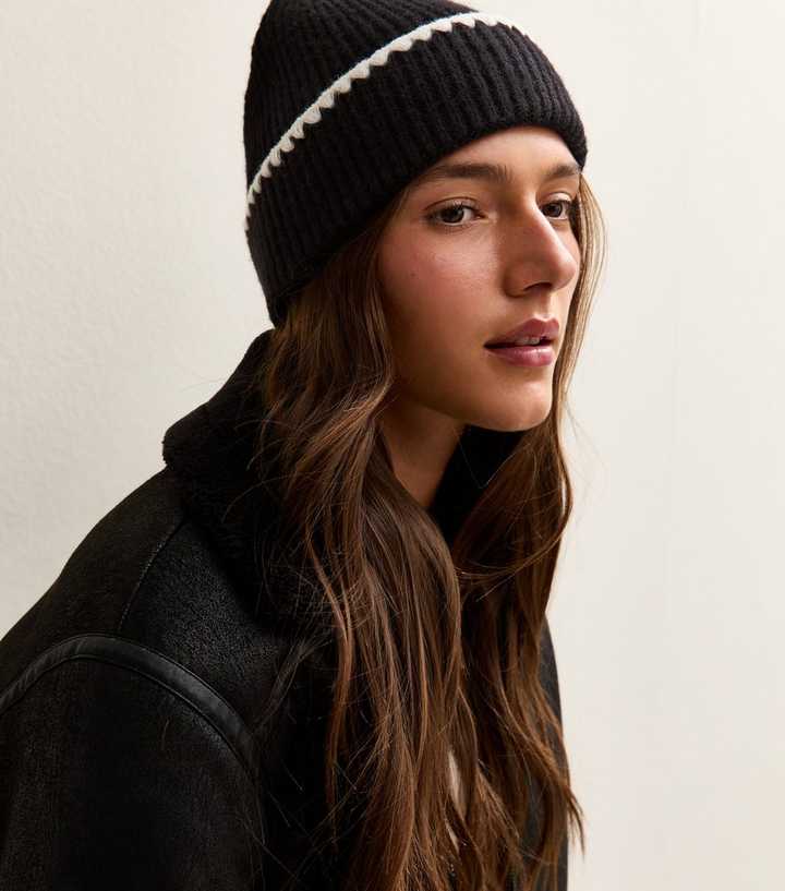 Black Contrast Whipstitch Trim Beanie