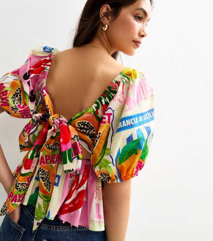 Multicolour Fruit Print Puff Sleeve Peplum Milkmaid Top