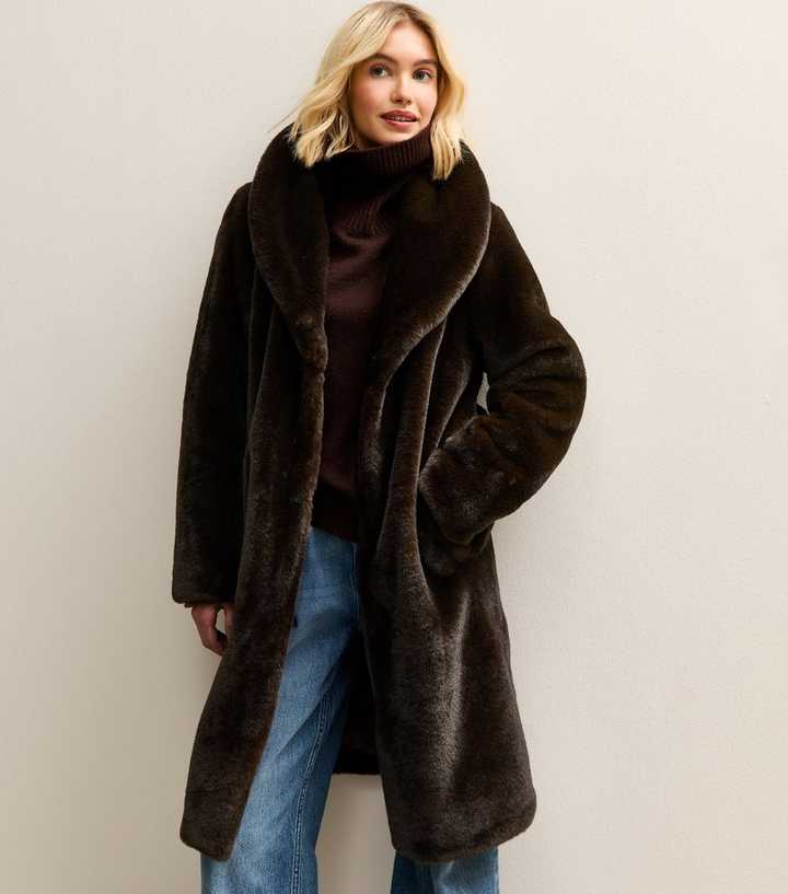 Dark Brown Longline Faux Fur Coat