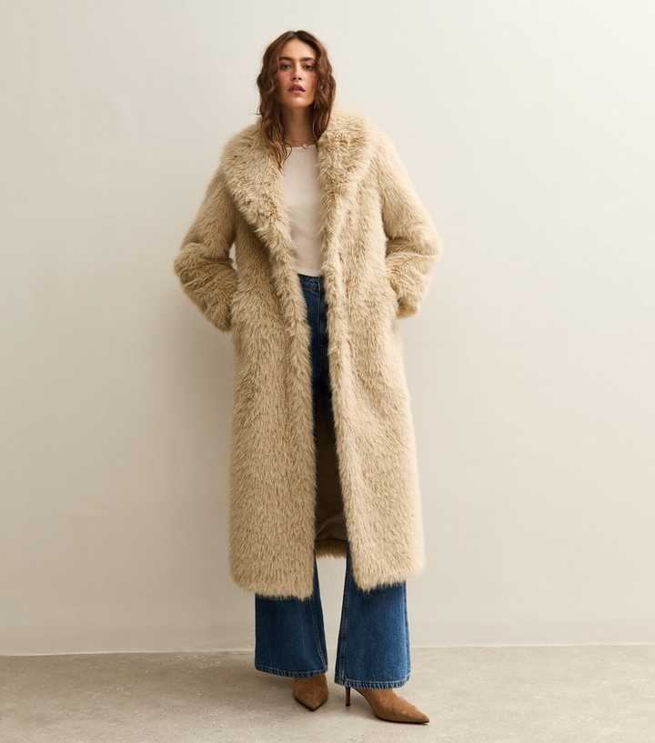 Stone Faux Fur Longline Coat