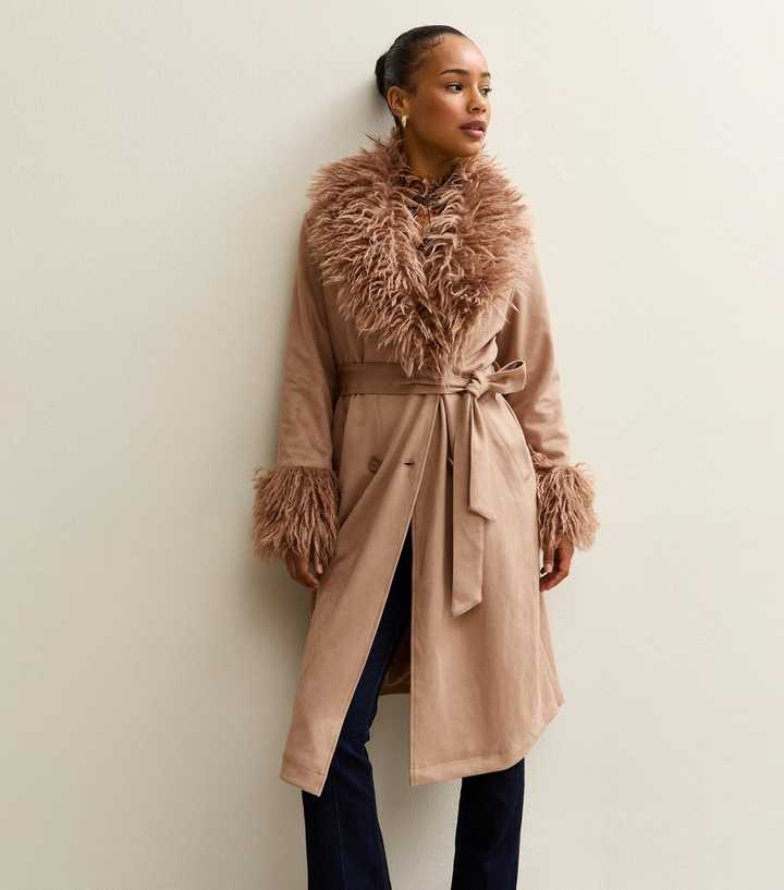 Petite Mink Faux Fur Trimmed Faux Suede Coat