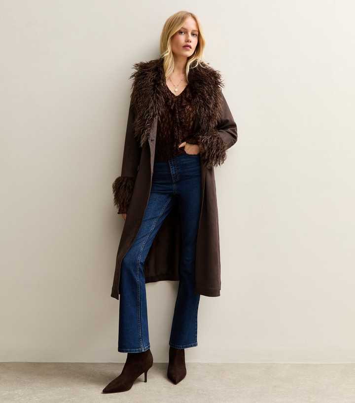 Dark Brown Faux Fur Trimmed Faux Suede Coat