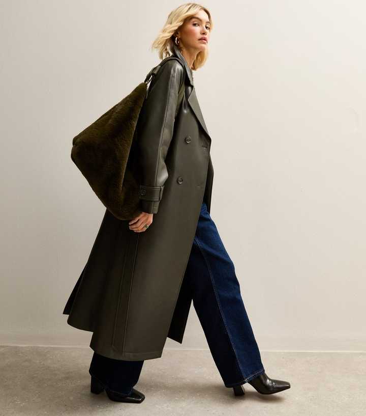 Dark Khaki Faux Leather Trench Coat