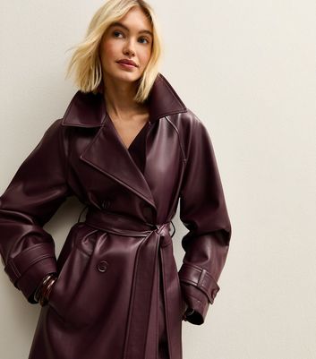 Burgundy Faux Leather Trench Coat New Look