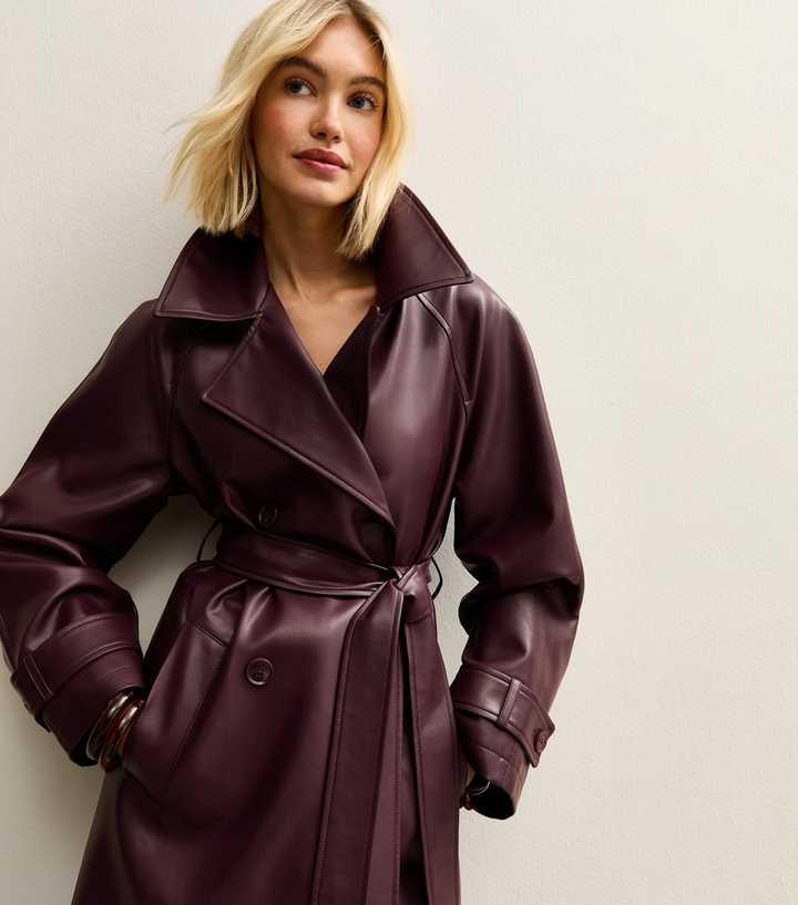 Burgundy Faux Leather Trench Coat
