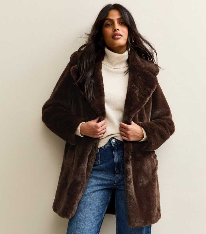 Brown Faux Fur Midi Coat