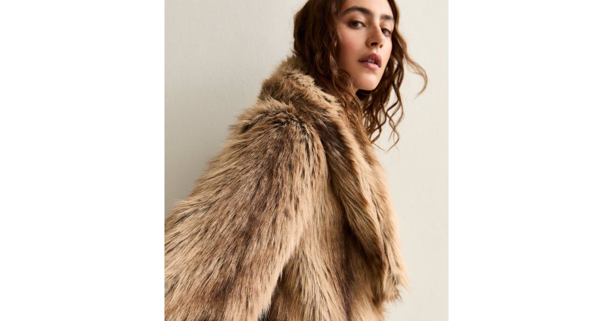Brown Faux Fur Shawl Collar Mid Coat New Look