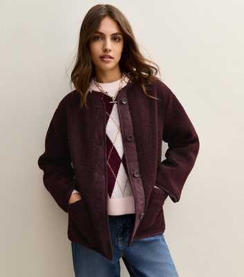 Dark Burgundy Borg Button Through Jacket