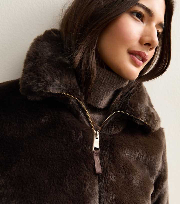 Dark Brown Faux Fur Bomber Jacket