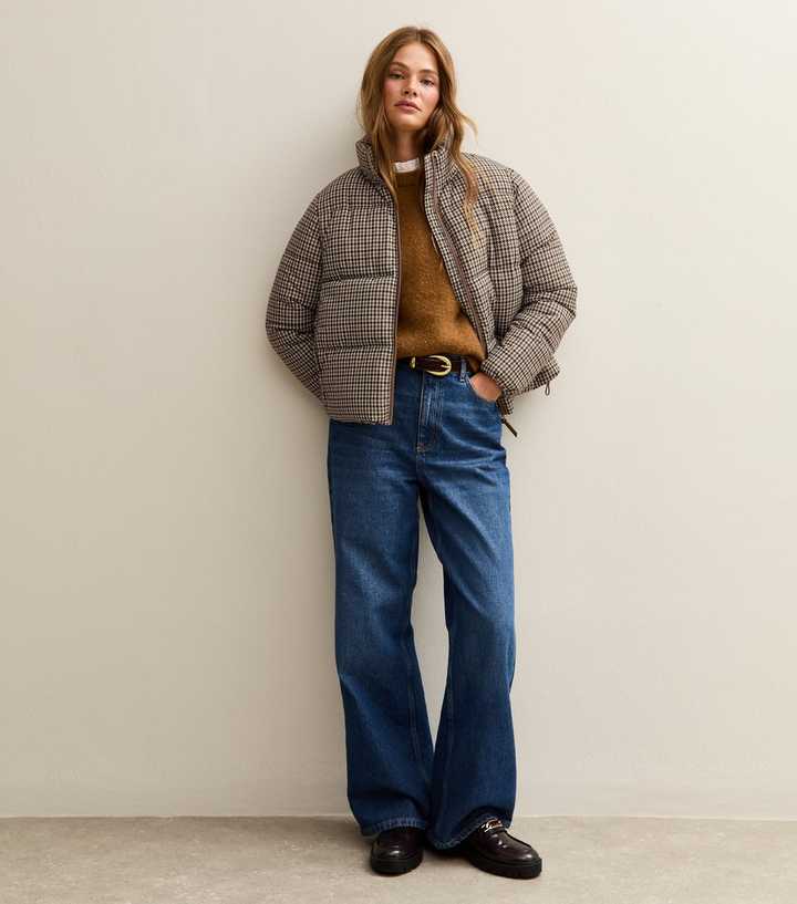 Brown Houndstooth Check Pattern Cropped Puffer Jacket