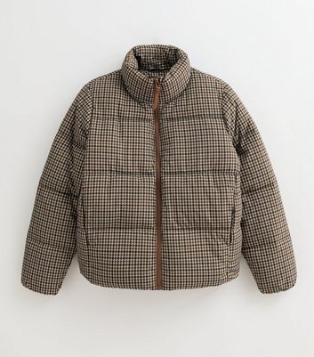 Brown Houndstooth Check Pattern Cropped Puffer Jacket | New Look