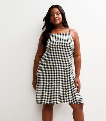 Curves Black Gingham Check Floral Print Mini Dress | New Look