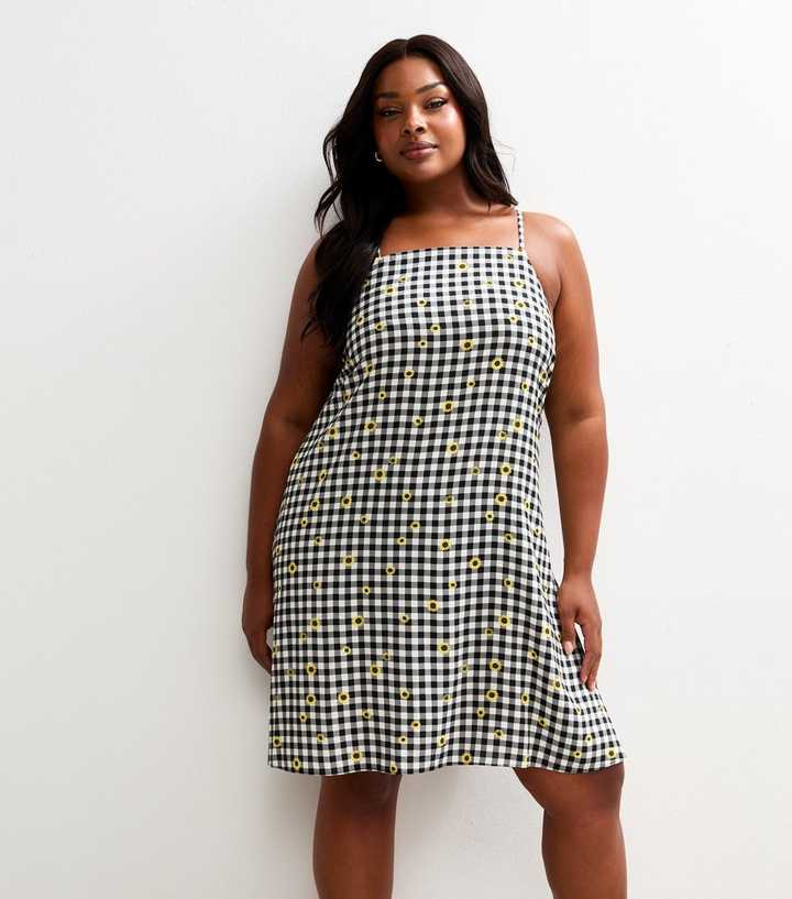 Curves Black Gingham Check Floral Print Mini Dress
